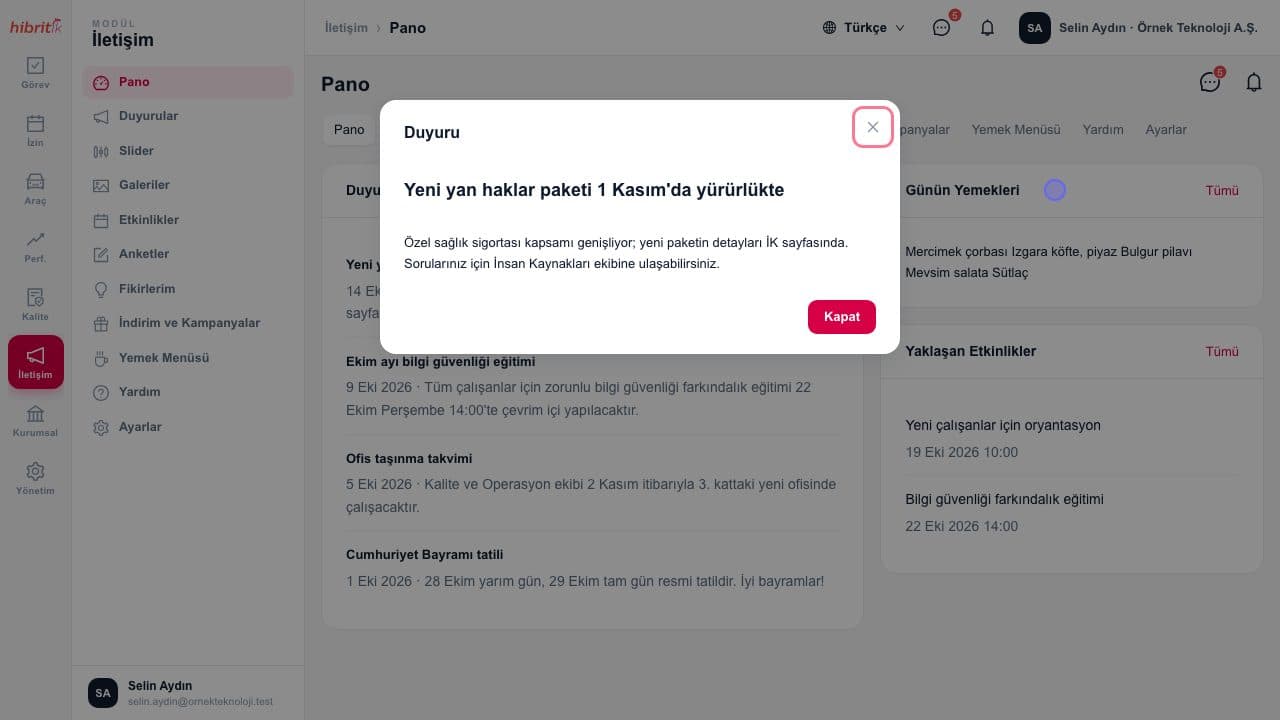 Kurumsal iletişim portalı: duyuru, menü, etkinlik ve anket